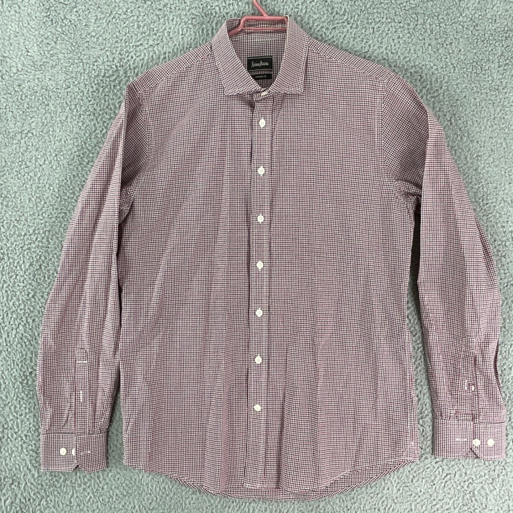 Neiman Marcus Button Down Shirt Mens L Red Blue Micro Gingham Modern Fit Long Sl